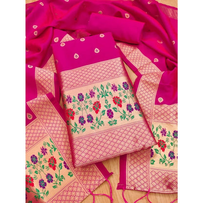 Women's Banarasi Silk Printed Unstitched Salwar Suit Material With Dupatta (Pink, 3Mtrs)