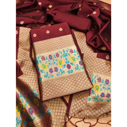Women's Banarasi Silk Printed Unstitched Salwar Suit Material With Dupatta (Maroon, 3Mtrs)