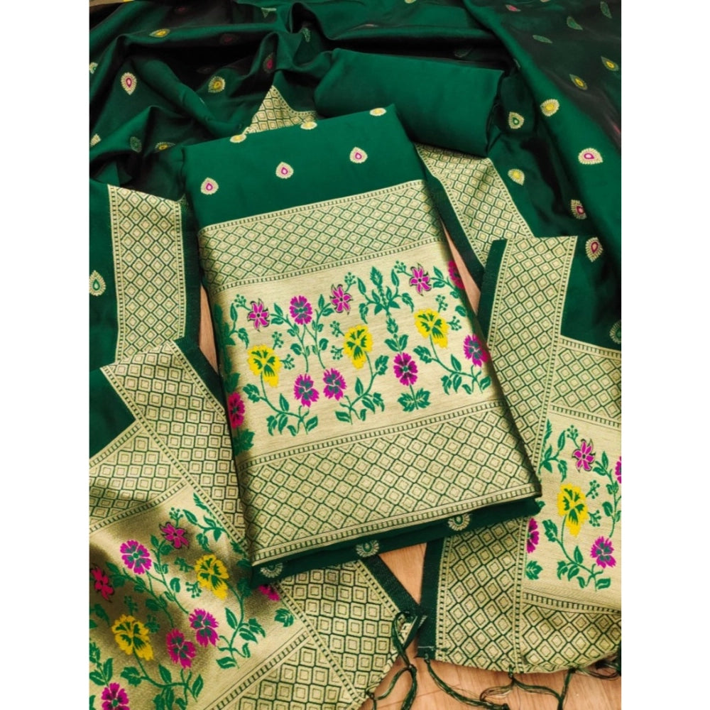 Women's Banarasi Silk Printed Unstitched Salwar Suit Material With Dupatta (Bottle Green, 3Mtrs)