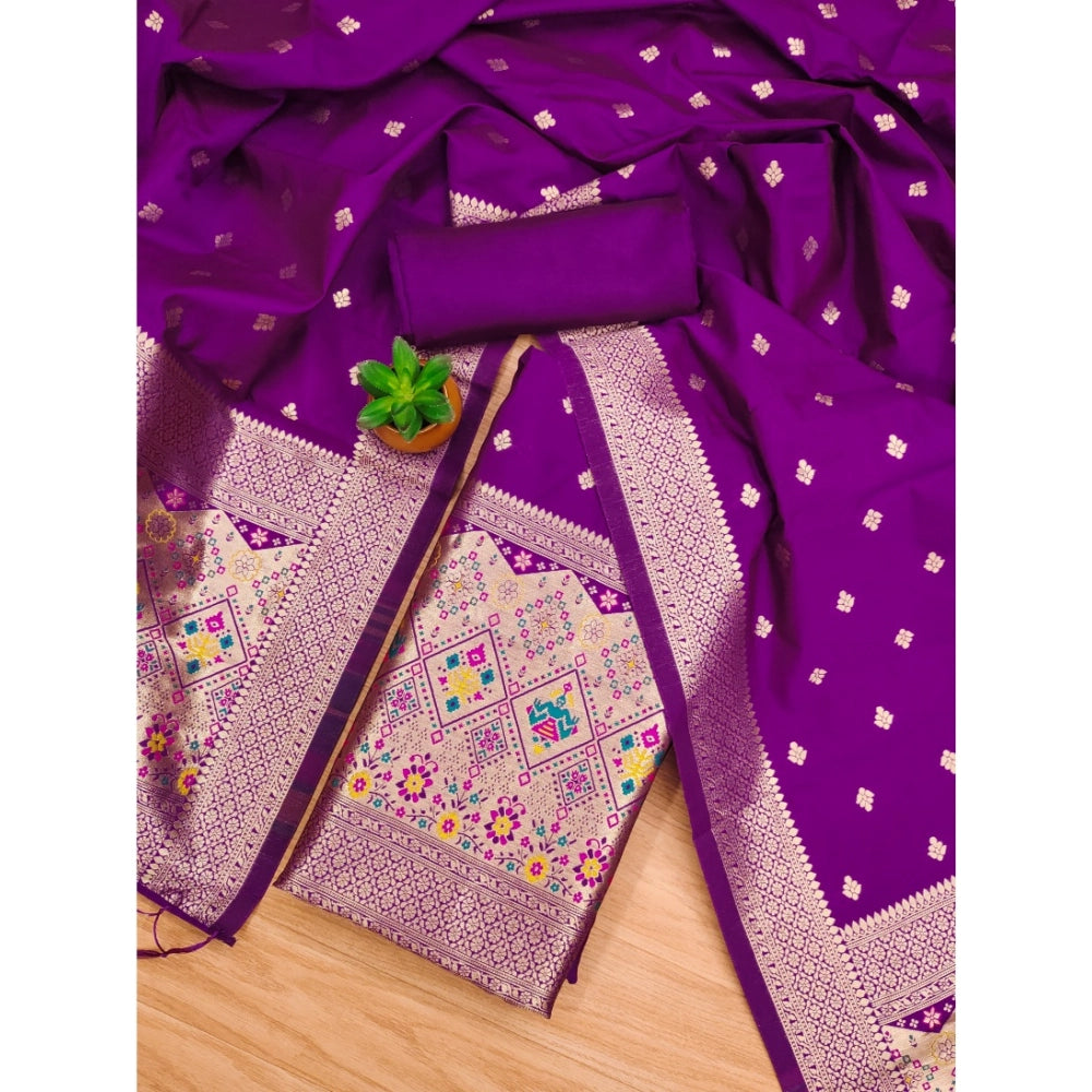 Women's Banarasi Silk Printed Unstitched Salwar Suit Material With Dupatta (Purple, 3Mtrs)