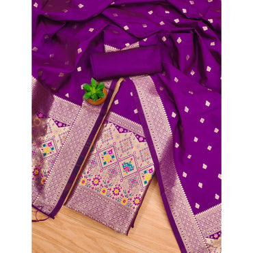 Women's Banarasi Silk Printed Unstitched Salwar Suit Material With Dupatta (Purple, 3Mtrs)