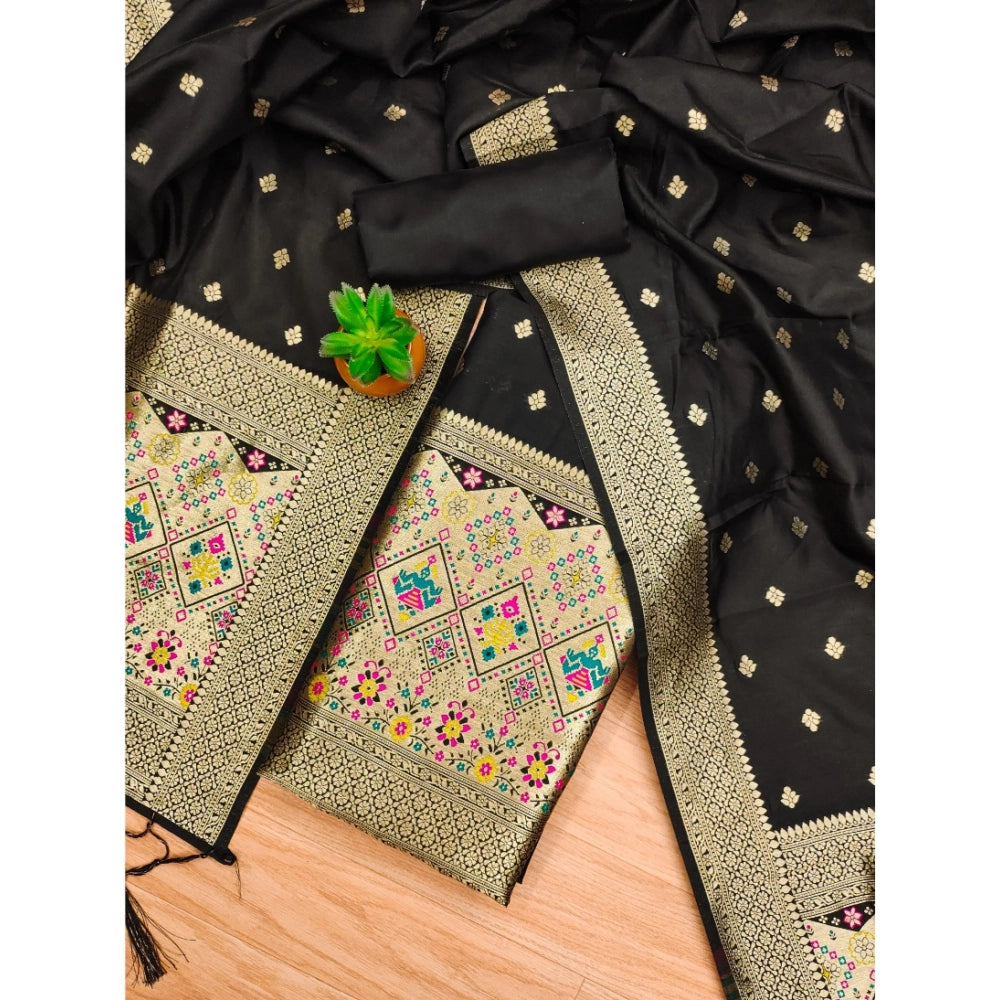 Women's Banarasi Silk Printed Unstitched Salwar Suit Material With Dupatta (Black, 3Mtrs)