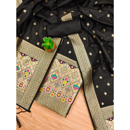 Women's Banarasi Silk Printed Unstitched Salwar Suit Material With Dupatta (Black, 3Mtrs)