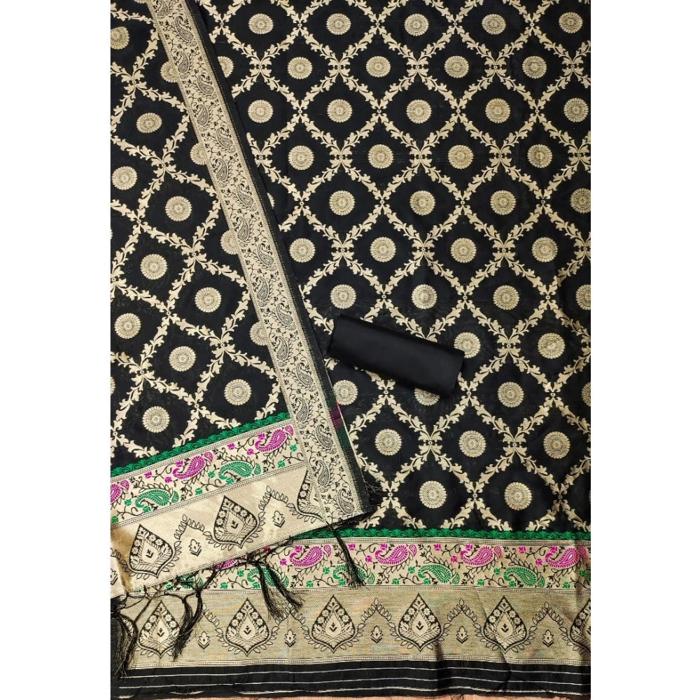Women's Banarasi Silk Printed Unstitched Salwar Suit Material With Dupatta (Black, 3Mtrs)
