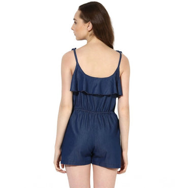 Women's Denim Ruffled Shoulder Straps Jumpsuit (Blue)