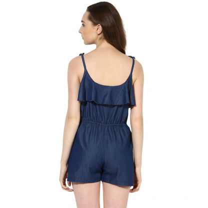 Women's Denim Ruffled Shoulder Straps Jumpsuit (Blue)