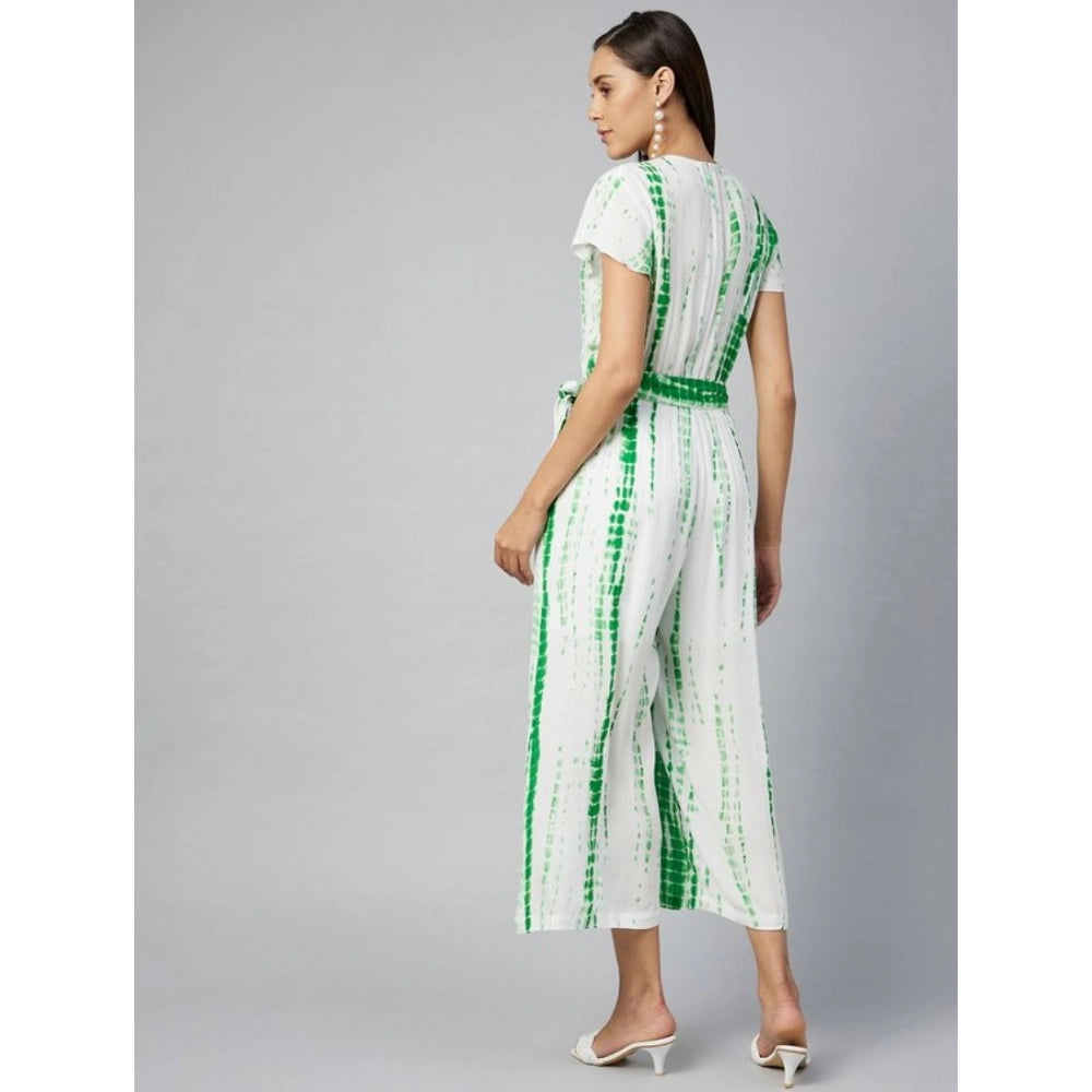 Women's Rayon Striped Short Sleeve Jumpsuit (Green - White)