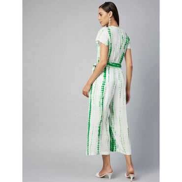 Women's Rayon Striped Short Sleeve Jumpsuit (Green - White)