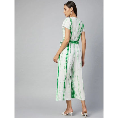 Women's Rayon Striped Short Sleeve Jumpsuit (Green - White)