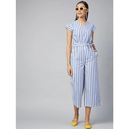Women's Cotton-Polyester Blend Striped Short Sleeve Jumpsuit (Blue)