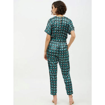 Women's Polyester Polka Short Sleeve Jumpsuit (Green)