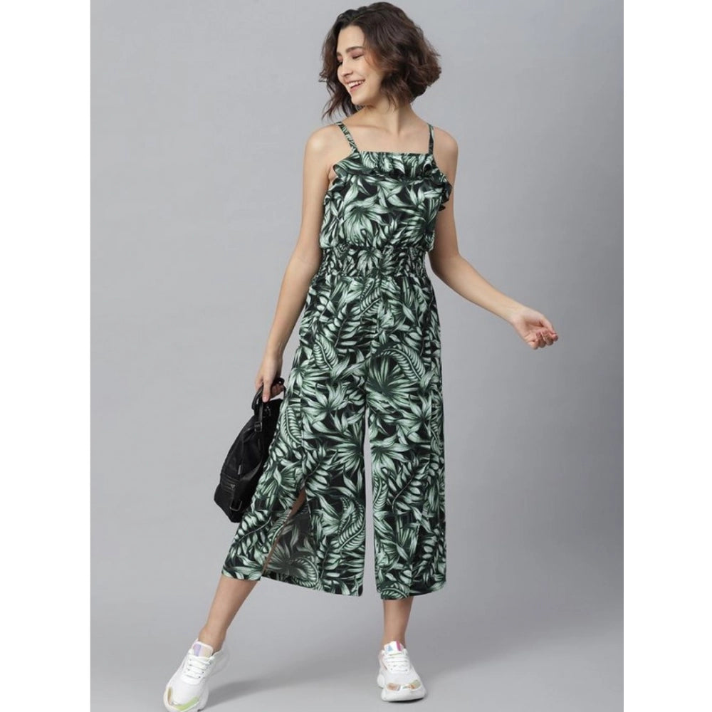 Women's Polyester Printed Shoulder Straps Jumpsuit (Black - Green)