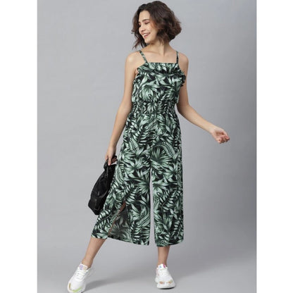 Women's Polyester Printed Shoulder Straps Jumpsuit (Black - Green)