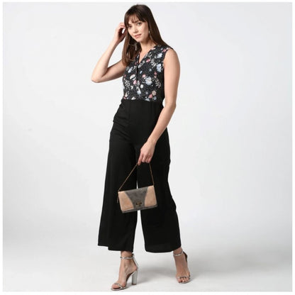 Women's Polyester Embroidered Sleeveless Jumpsuit (Black)