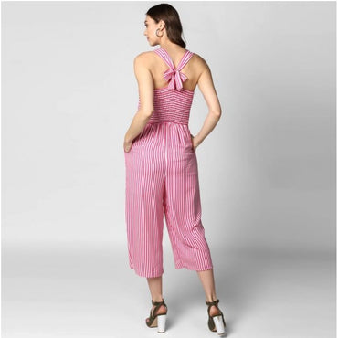 Women's Polyester Striped Sleeveless Jumpsuit (Pink)