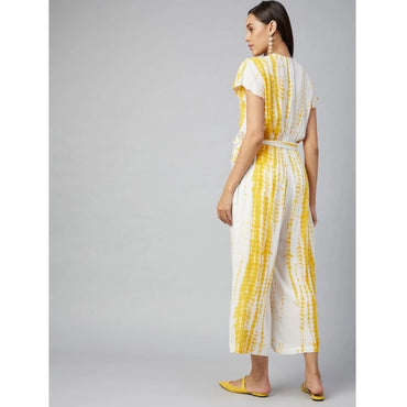 Women's Rayon Striped Short Sleeve Jumpsuit (Yellow - White)