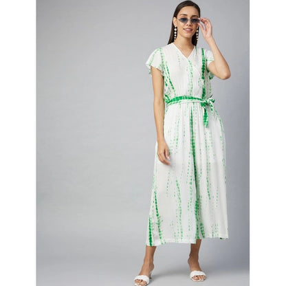 Women's Rayon Striped Short Sleeve Jumpsuit (Green - White)