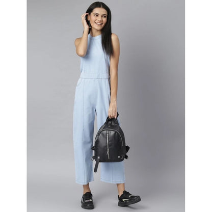 Women's Denim Self Design Sleeveless Jumpsuit (Blue)