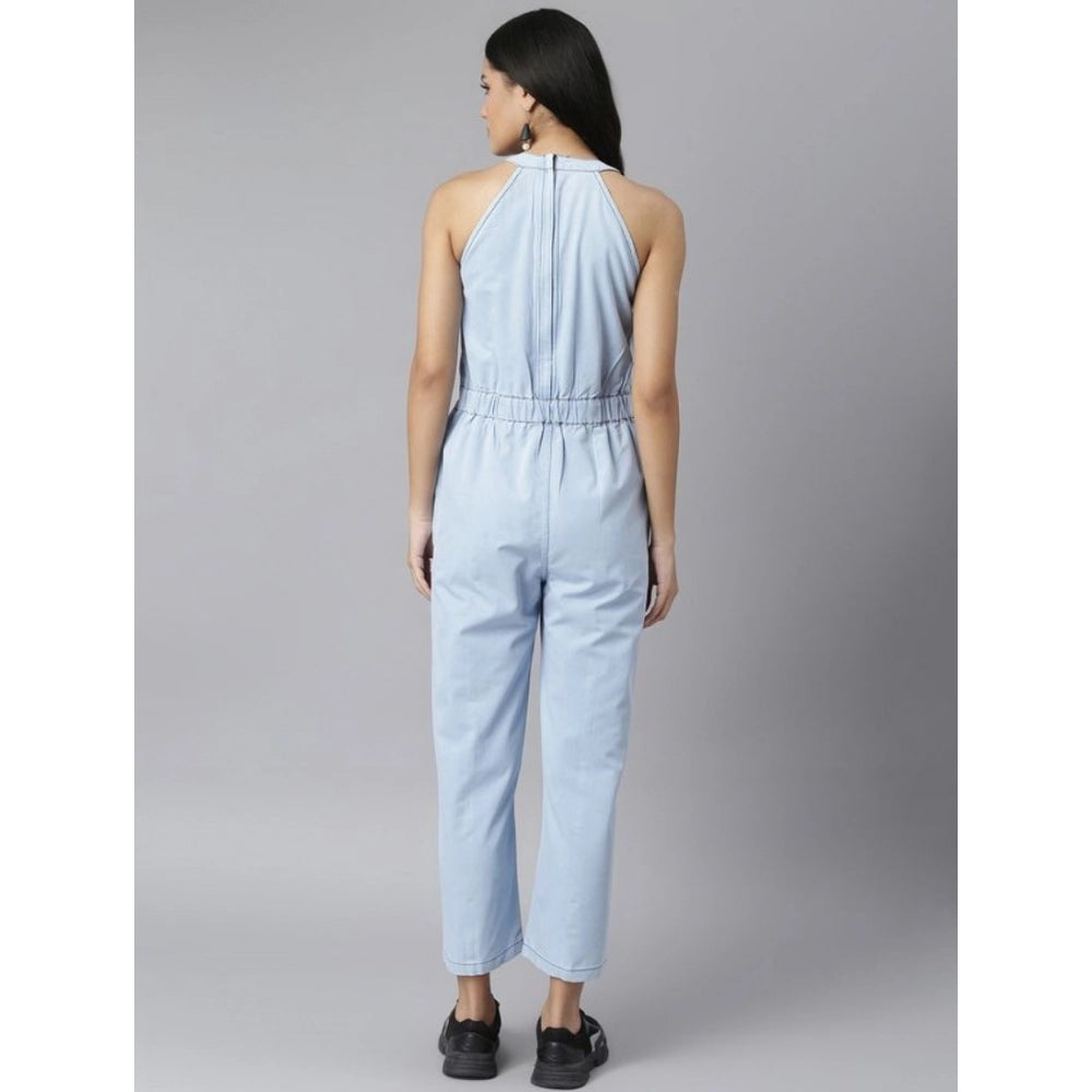 Women's Denim Self Design Sleeveless Jumpsuit (Blue)