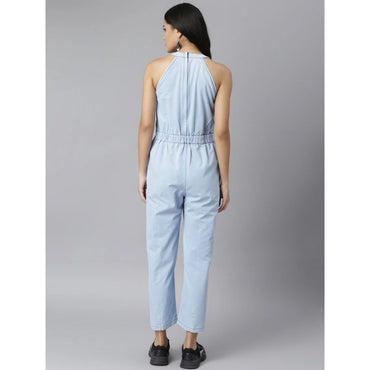 Women's Denim Self Design Sleeveless Jumpsuit (Blue)