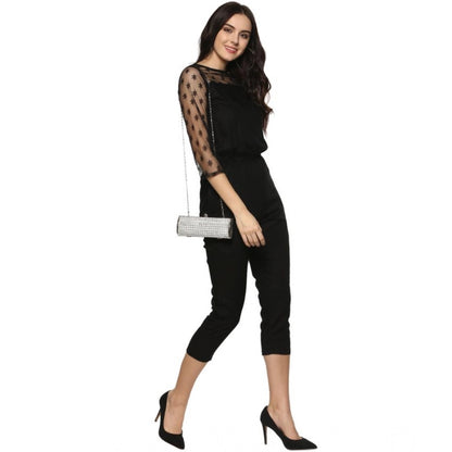 Women's Polyester Self Design 3/4th Sleeve Jumpsuit (Black)