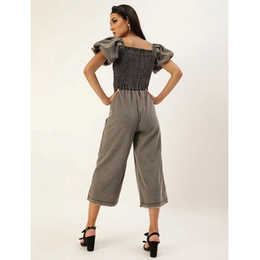 Women's Denim Solid Balloon Sleeve Jumpsuit (Black)