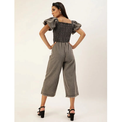 Women's Denim Solid Balloon Sleeve Jumpsuit (Black)