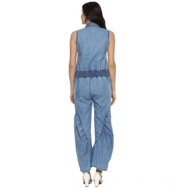Women's Denim Solid Sleeveless Jumpsuit (Blue)