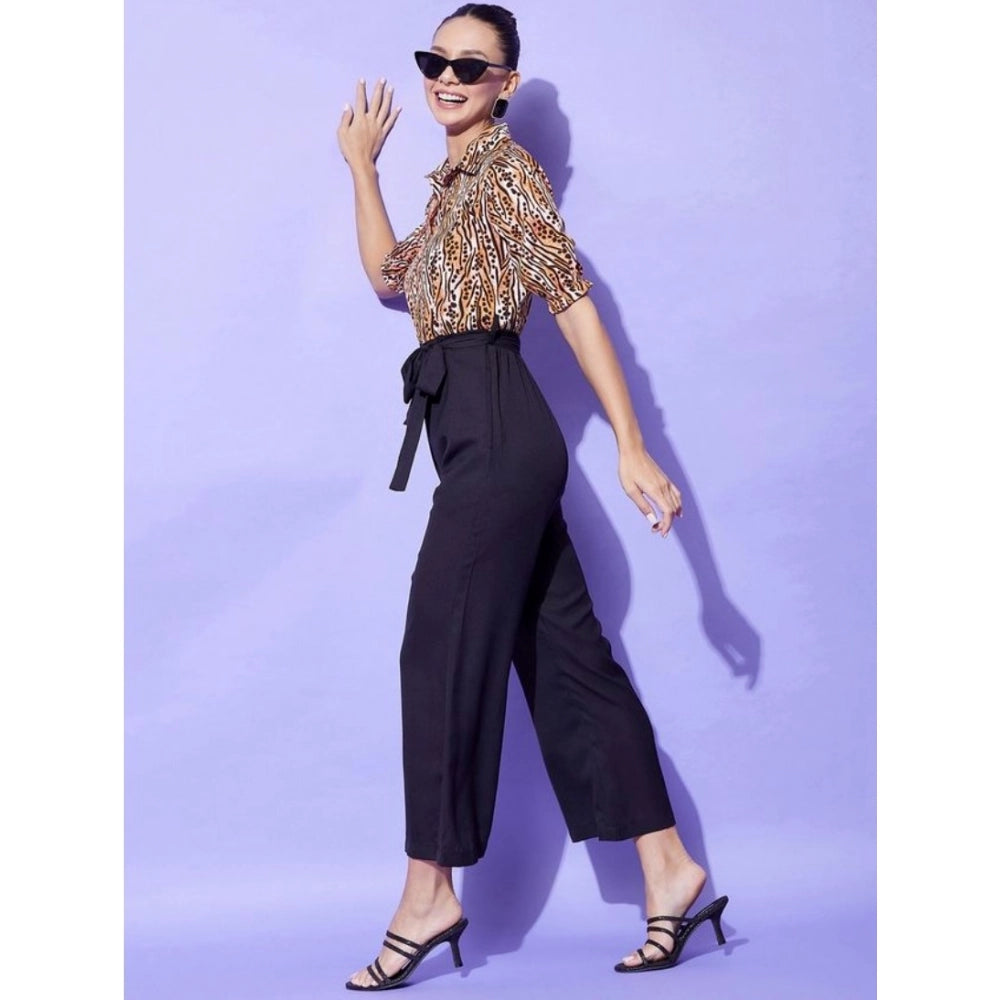 Women's Polyester Animal Print Half Sleeve Jumpsuit (Orange - Black)
