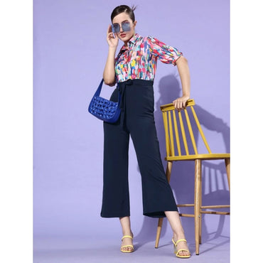 Women's Polyester Printed 3/4th Sleeve Jumpsuit (Multicolor - Navy)
