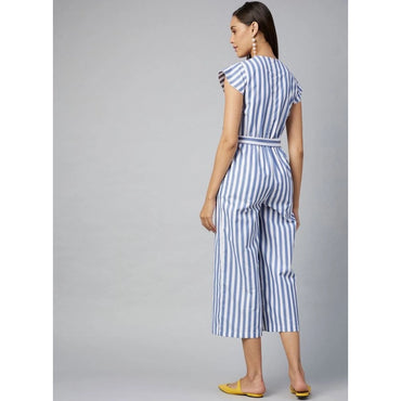 Women's Cotton-Polyester Blend Striped Short Sleeve Jumpsuit (Blue)