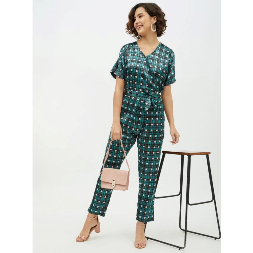 Women's Polyester Polka Short Sleeve Jumpsuit (Green)