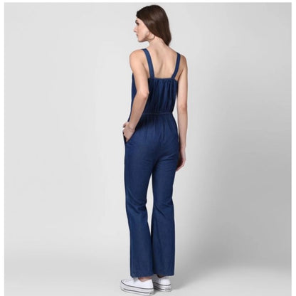 Women's Denim Solid Shoulder Straps Jumpsuit (Blue)