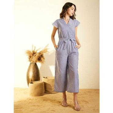 Women's Cotton Chambray Striped Short Sleeve Jumpsuit (Blue)