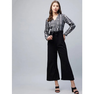 Women's Rayon Animal Print Short Sleeve Jumpsuit (Black)
