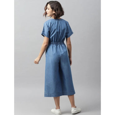 Women's Denim Solid Half Sleeve Jumpsuit (Blue)