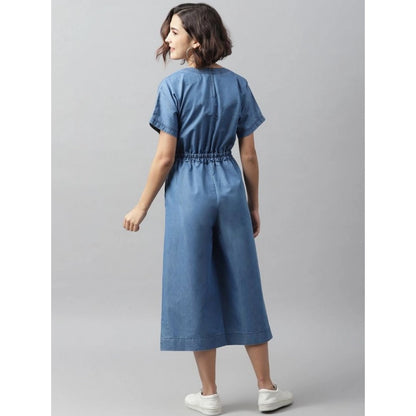 Women's Denim Solid Half Sleeve Jumpsuit (Blue)