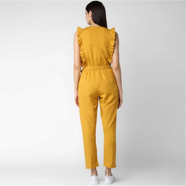 Women's Cotton Linen Solid Sleeveless Jumpsuit (Yellow)