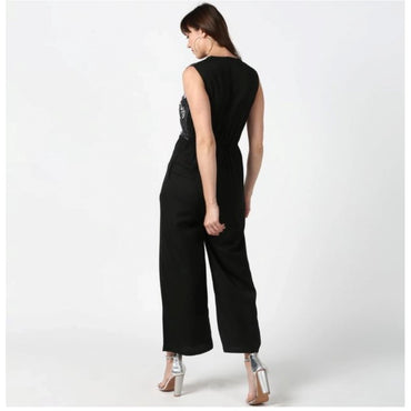 Women's Polyester Embroidered Sleeveless Jumpsuit (Black)