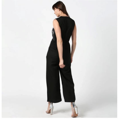 Women's Polyester Embroidered Sleeveless Jumpsuit (Black)