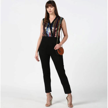 Women's Polyester Embellished Sleeveless Jumpsuit (Black)