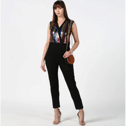 Women's Polyester Embellished Sleeveless Jumpsuit (Black)