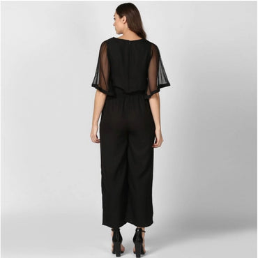 Women's Polyester Solid Half Sleeve Jumpsuit (Black)