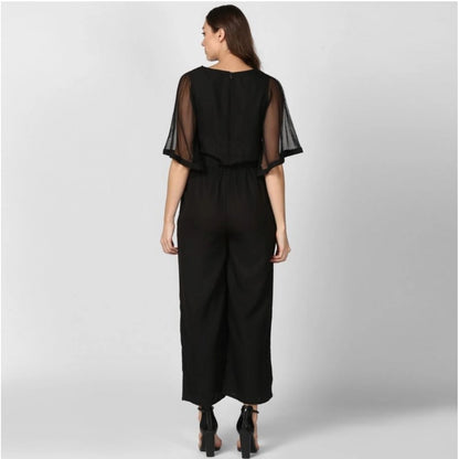 Women's Polyester Solid Half Sleeve Jumpsuit (Black)