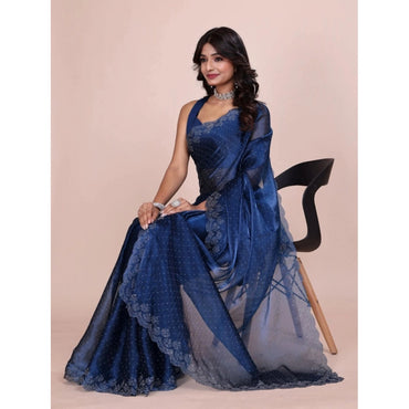 Women's Jimmy choo Embellished Bollywood Saree With Unstitched Blouse 5.5Mtr (Blue)