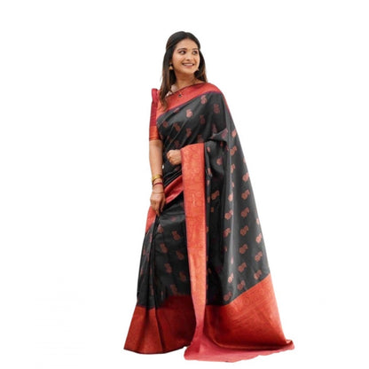 Women's Litchi silk Printed Saree With Unstitched Blouse (Grey)