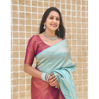 Women's Litchi silk Printed Saree With Unstitched Blouse (Blue)