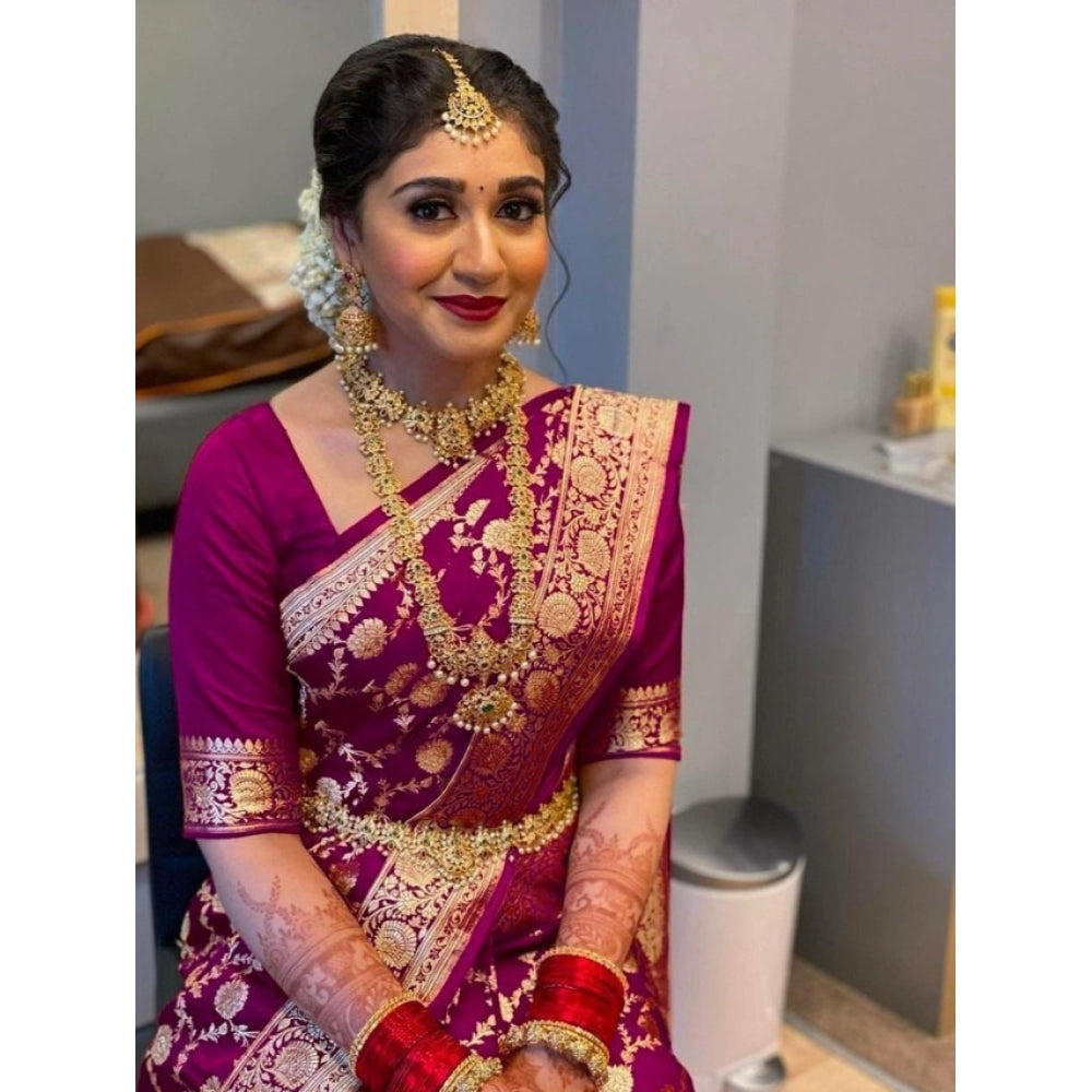 Women's Litchi silk Printed Saree With Unstitched Blouse (Magenta With pink)