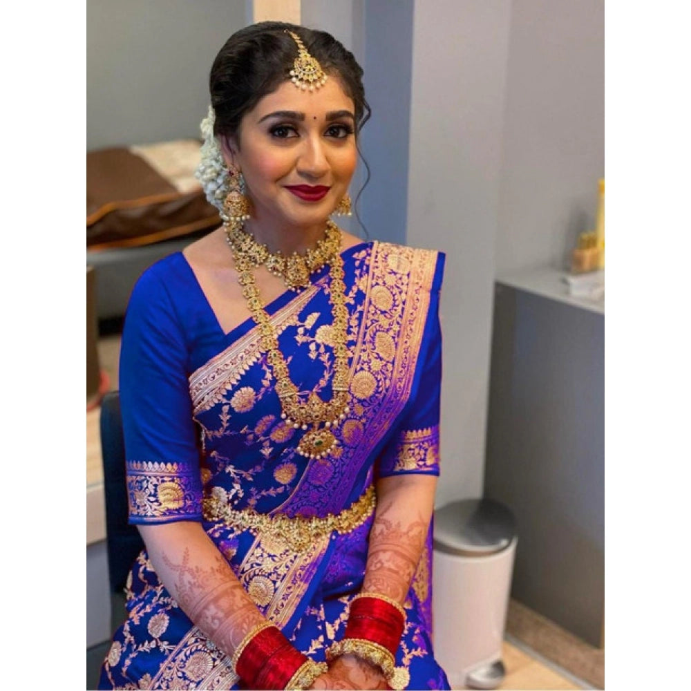 Women's Litchi silk Printed Saree With Unstitched Blouse (Navy Blue)