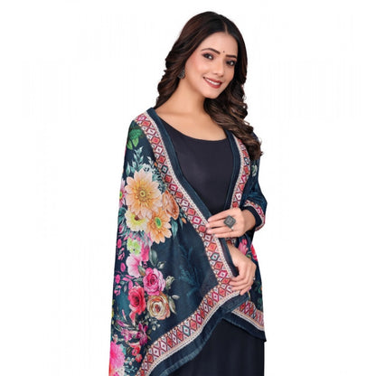 Women's chanderi silk  Printed Shawl (Navy Blue, Length: 2 Mtr)